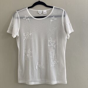 Vintage White Sheer Mesh Top Rave Y2K Floral Embroidery Reflections Womens Large